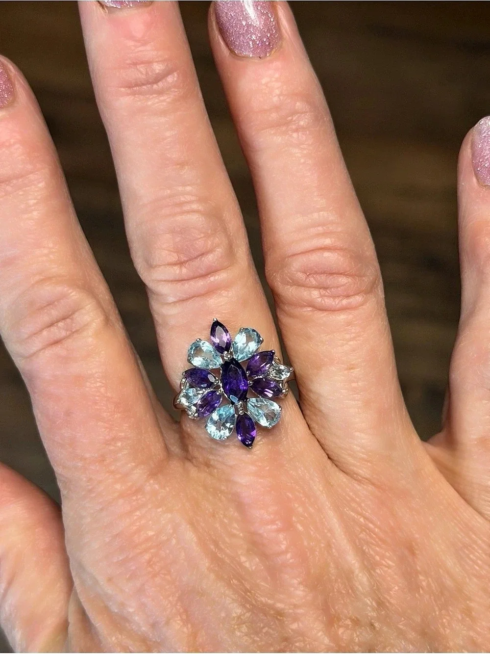 Exquisite Natural Amethyst Aquamarine & Topaz Ring 925 Sterling Silver Ring Sz 8
